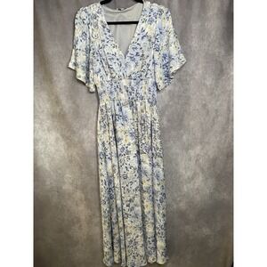Baltic Born Women's Size LARGE Blue Floral Verona Smocked Maxi Dress Boho